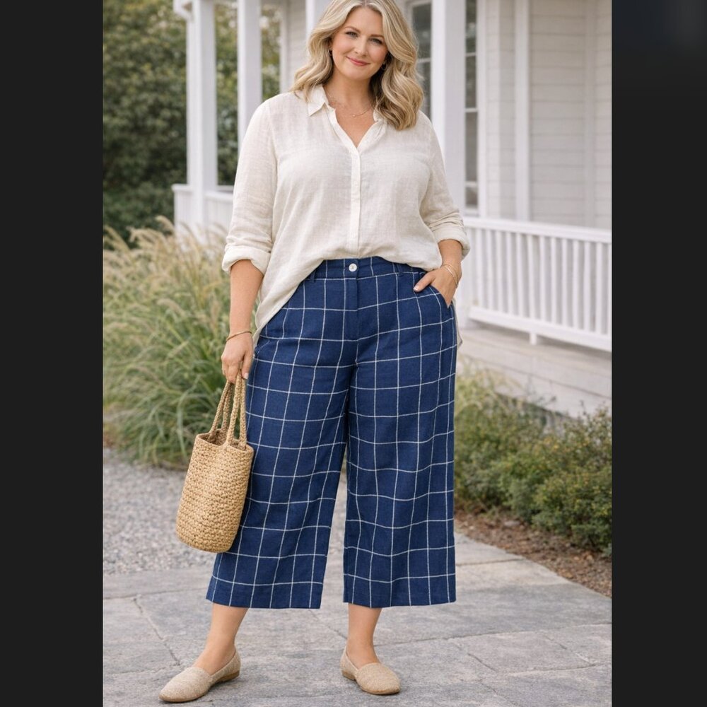 J. Jill Pants 18P Petite Blue Windowpane Plaid Wide Leg Crop High Rise Pockets